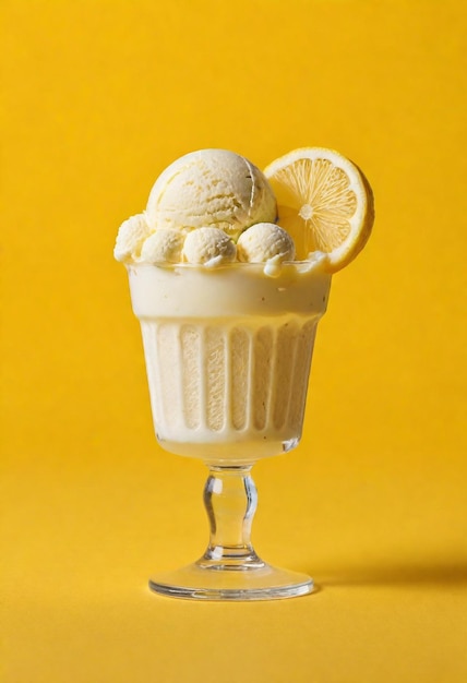 a glass of ice cream with a lemon wedge on it