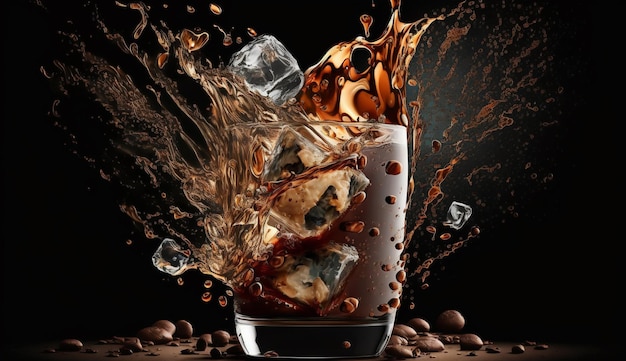 A glass of ice cream with a splash of chocolate and coffee beans