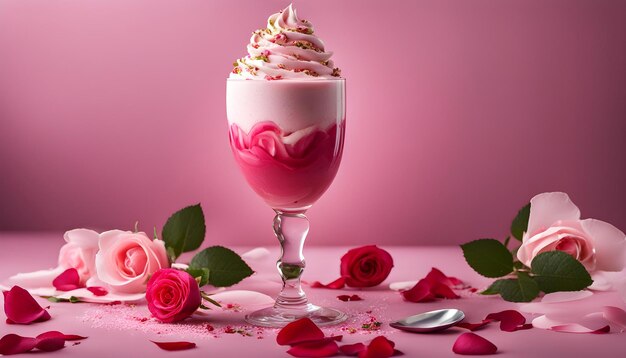 a glass of ice cream with a spoon in it and flowers on the table