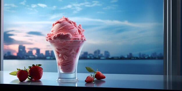 Photo a glass of ice cream with a strawberry ice cream in it