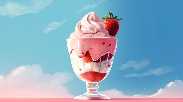 A glass of ice cream with a strawberry on top