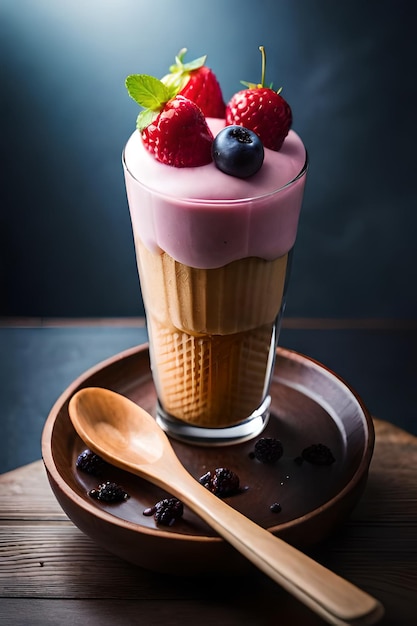 A glass of ice cream with a wooden spoon on the side.