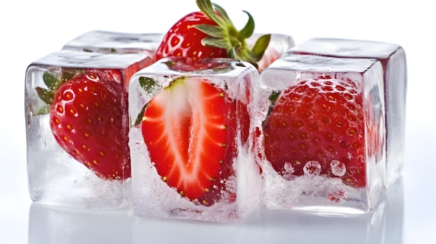 A glass of ice cubes with a strawberry on it.