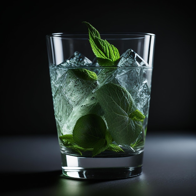 A glass of ice and a drink with a green leaf on top.