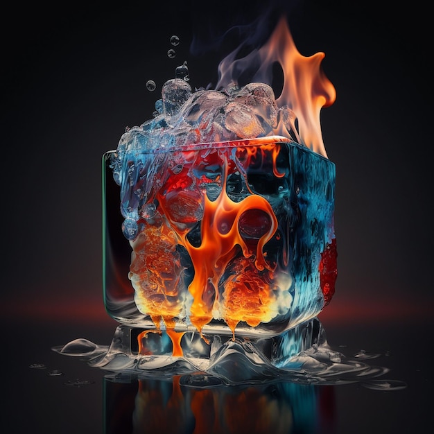 A glass of ice and fire on a black background