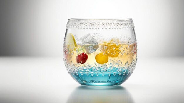 A glass of ice and fruit cocktail with a blue rim.