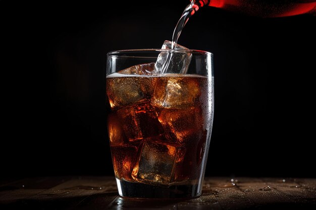 A glass of ice and a glass of cola being poured into it