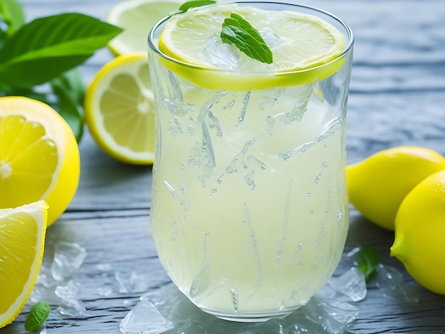 A glass of ice and lemonade