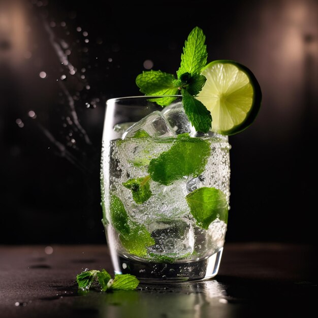 A glass of ice, mint, and lime with ice cubes on the side.