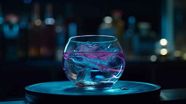 A glass of ice sits on a table with a blue background.