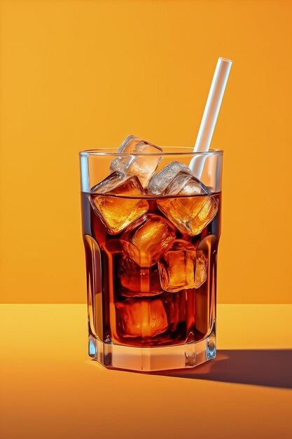 A glass of ice and a straw is on a orange background