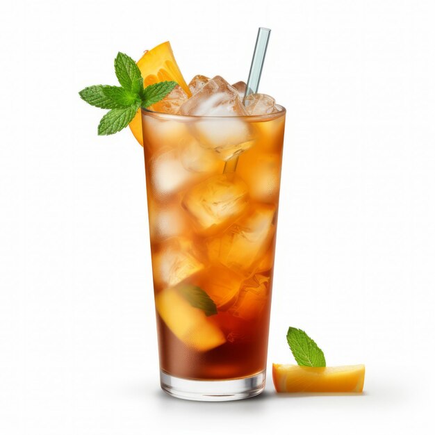 A glass of ice tea with mint and lemon