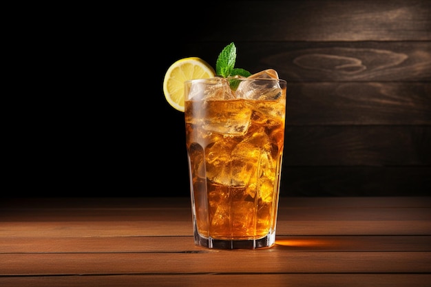 A glass of ice tea on wooden table