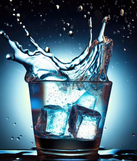 Glass of ice water falling splashing water