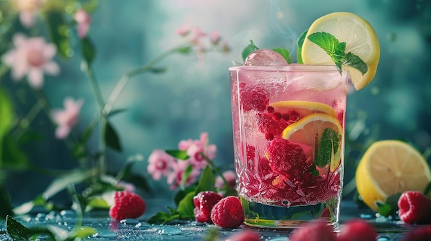 a glass of ice water with a bunch of raspberries and lemons