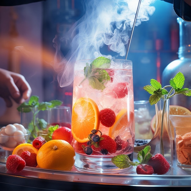 a glass of ice water with fruit and vegetables on it.