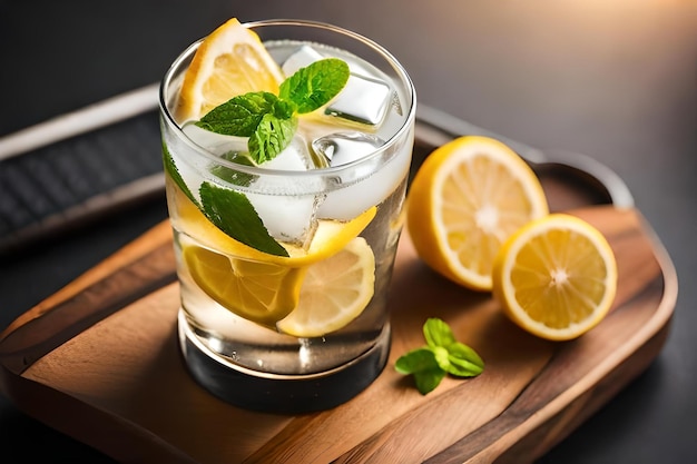 A glass of ice water with lemon slices and mint leaves.