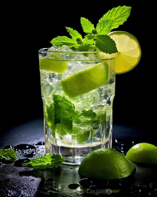 a glass of ice water with lime and mint leaves.