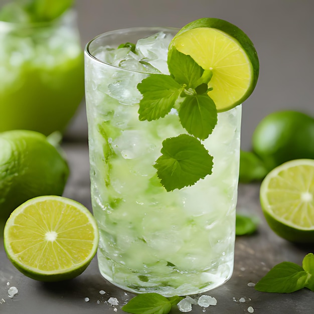 a glass of ice water with lime slices and lime slices