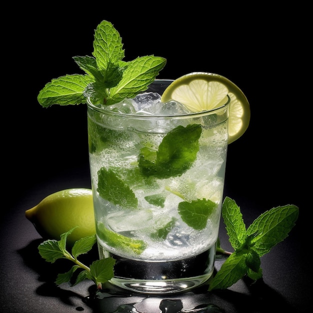 Foto un bicchiere di acqua ghiacciata con lime e foglie di menta.