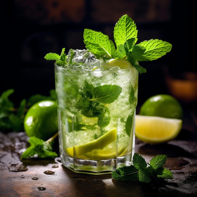 a glass of ice water with limes and mint leaves.