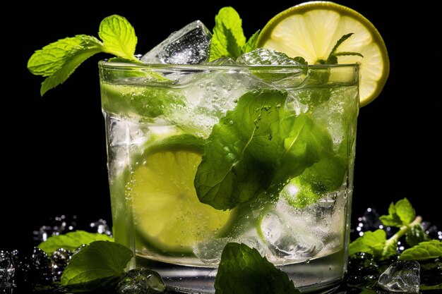 a glass of ice water with mint leaves and lime