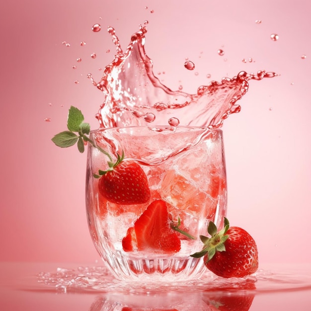 A glass of ice water with a splash of water and strawberries