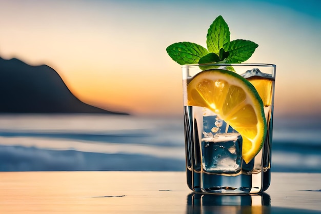 A glass of ice with a lemon slice and a glass of water on a table with a sunset in the background.