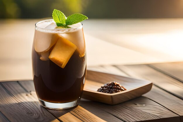 A glass of iced coffee next to a plate of coffee beans.