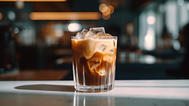 A glass of iced coffee sits on a bar counter.