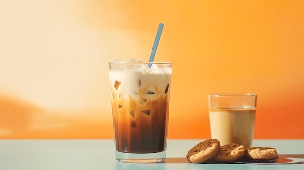 A glass of iced coffee sits next to a glass of iced coffee.