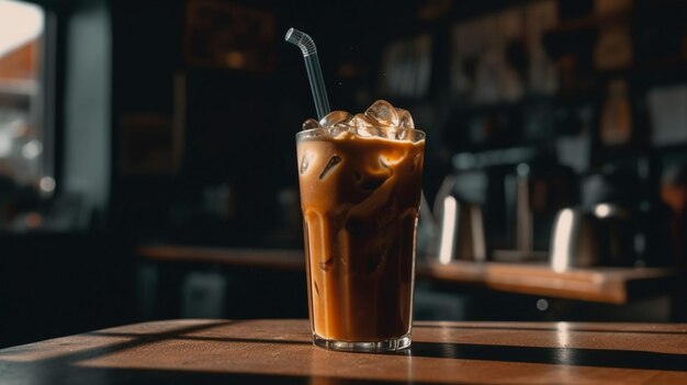 A glass of iced coffee sits on a table in a bar.