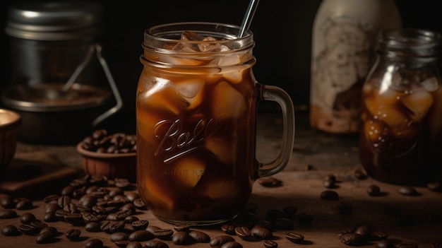 A glass of iced coffee sits on a table with coffee beans around it.