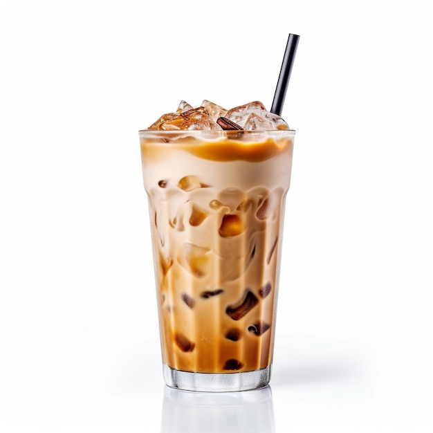 A glass of iced coffee with a black straw on white background