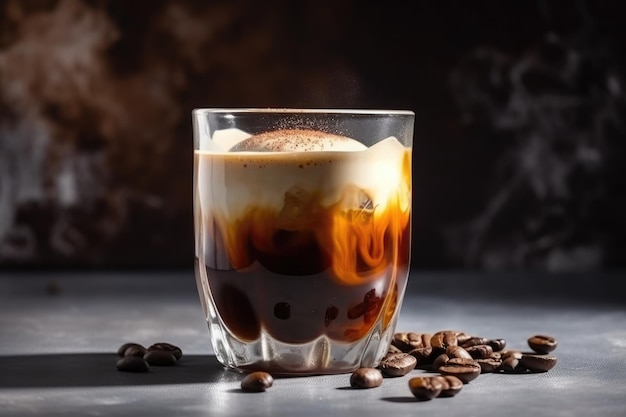 A glass of iced coffee with a brown liquid in the background Generative AI