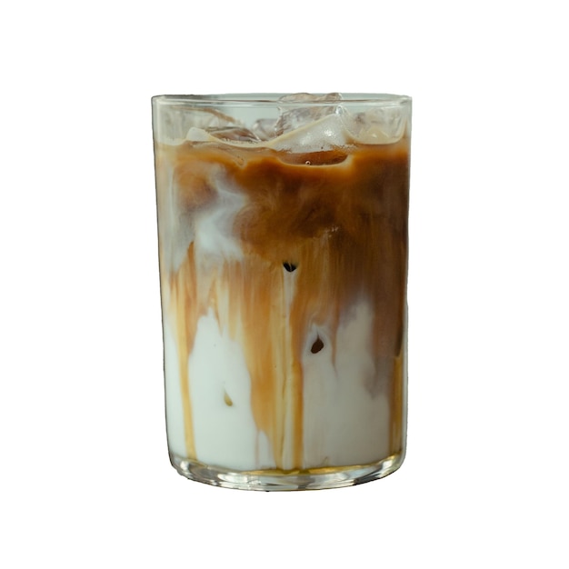 A glass of iced coffee with brown liquid on it.