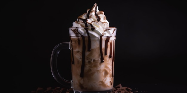 A glass of iced coffee with chocolate syrup and whipped cream