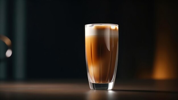 A glass of iced coffee with a dark background.