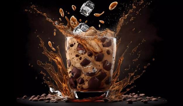 A glass of iced coffee with ice and coffee beans