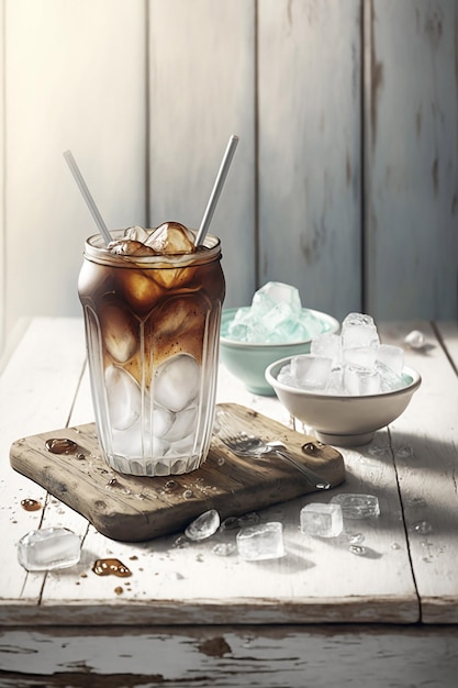 A glass of iced coffee with ice cubes and a bowl of ice