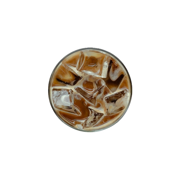 A glass of iced coffee with ice cubes in it.