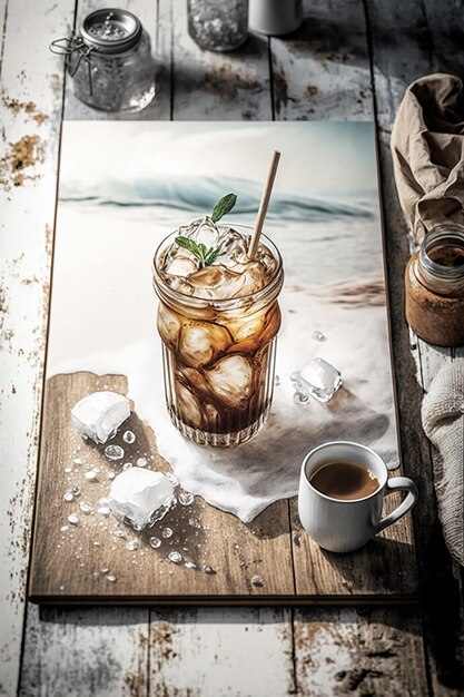 A glass of iced coffee with ice and a cup of coffee on a table.