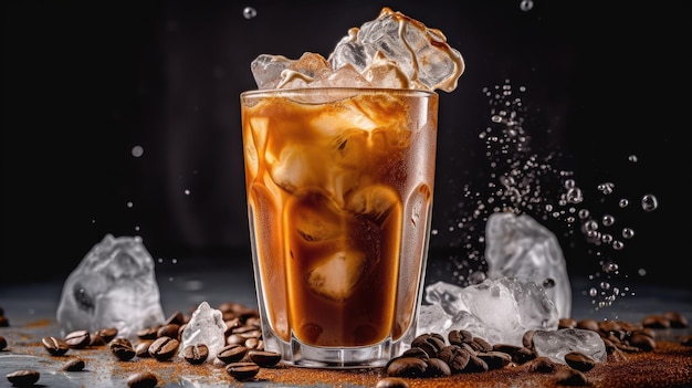 A glass of iced coffee with ice on the top and a black background