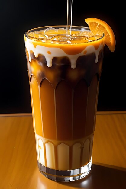 Photo a glass of iced coffee with a slice of lemon on top