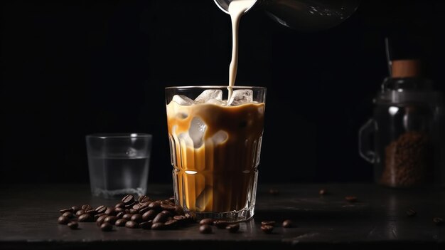 A glass of iced coffee with a spoon pouring into it.