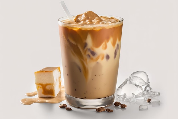 A glass of iced coffee with a spoon and rock on a dark background