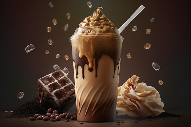 A glass of iced coffee with a spoon and rock on a dark background