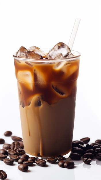 A glass of iced coffee with a straw in it and a cup of coffee on the table.