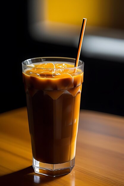 Photo a glass of iced coffee with a straw in it and a straw in it