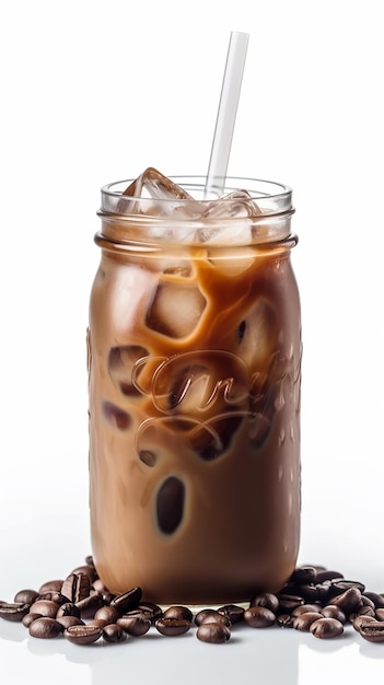 A glass of iced coffee with a straw in it